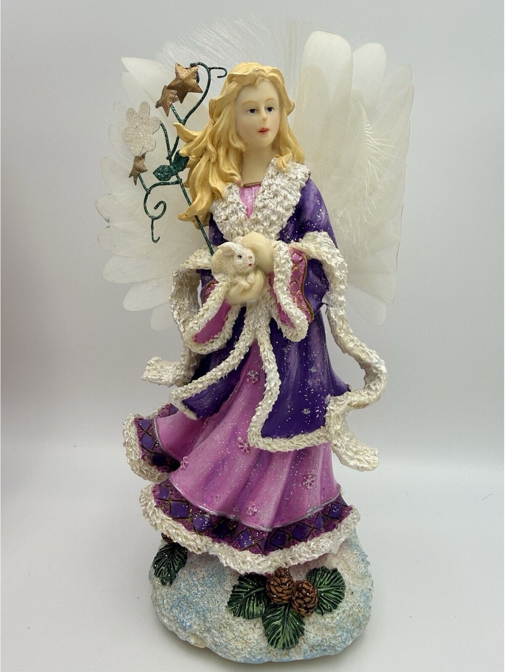VTG 11" Fiber Optic Winter Christmas Angel Purple Dress with Rabbit, Works W Box